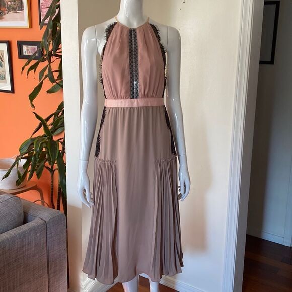 Three Floor Mauve, Pink, & Black Lace Halter Midi Dress with Skirt Pleating - Picture 2 of 11